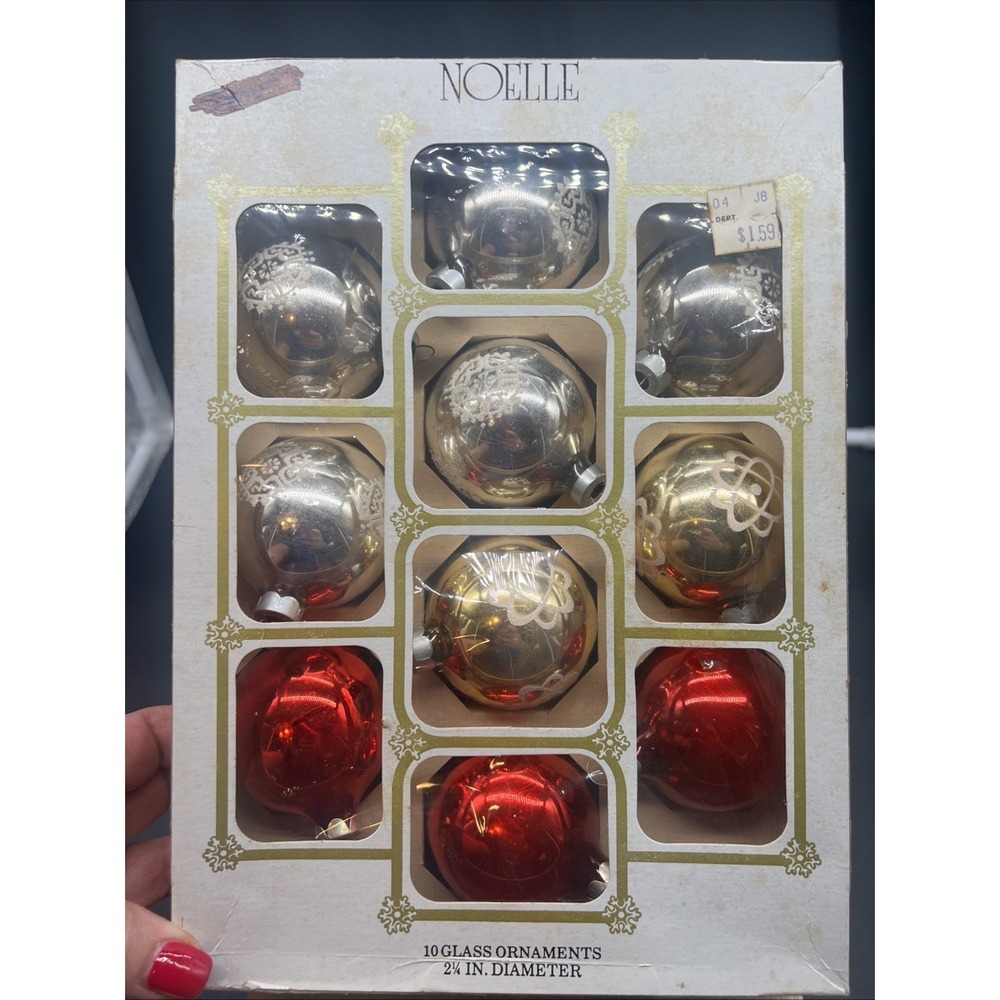 10 Vintage NOELLE Glass Christmas Ornaments 2 1/4 in Diameter In Box